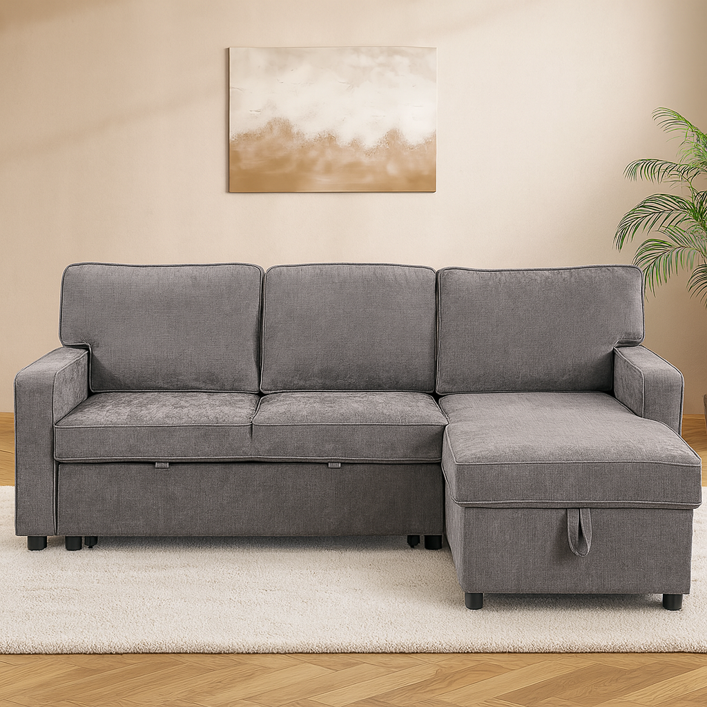 Grey Sleeper Sectional Sofa with Storage & USB Port