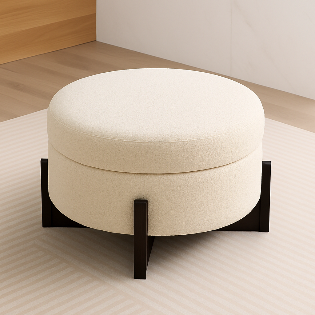 Round Beige Storage Ottoman