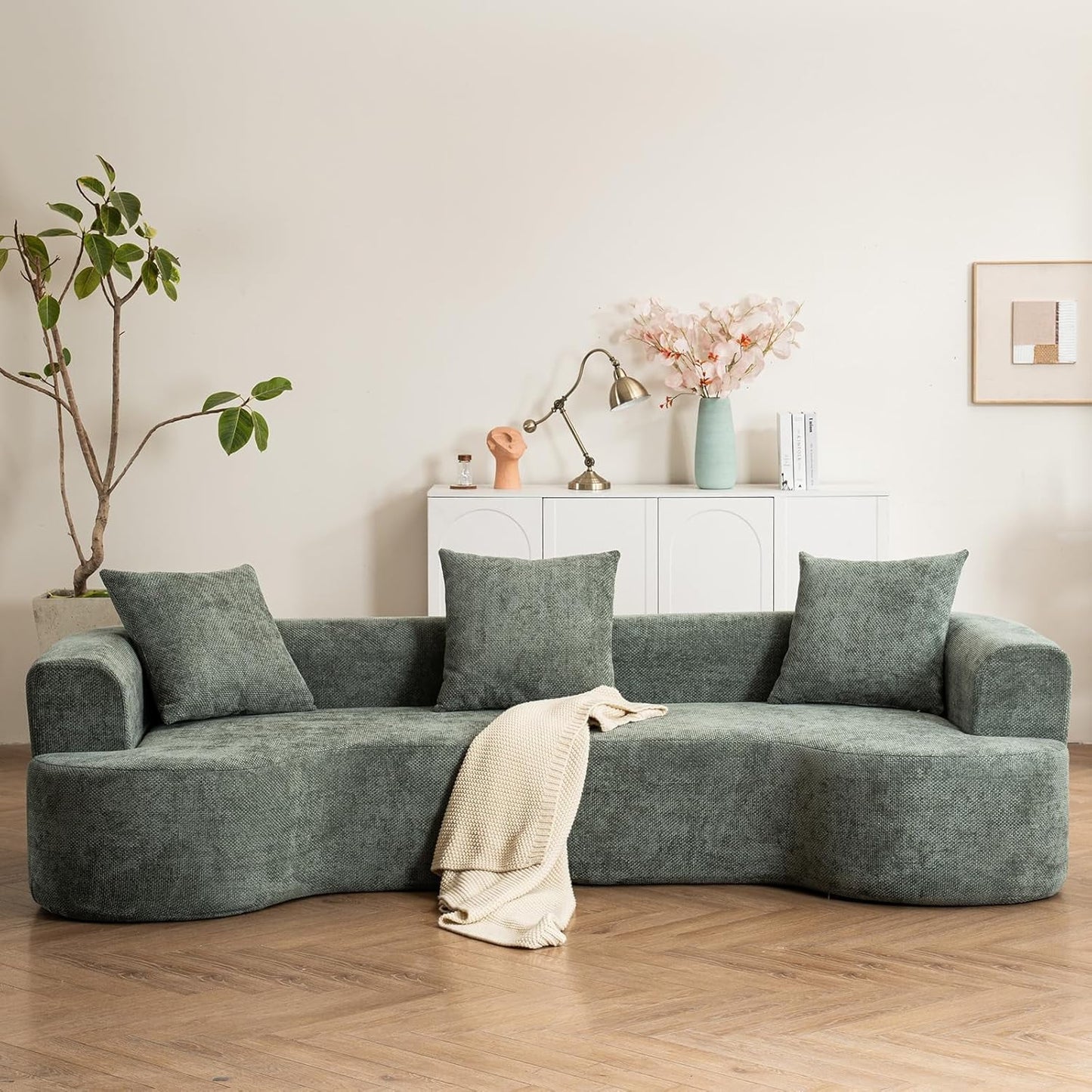 CloudCurve – Modern Curved 3-Seater Corduroy Sofa with 3 Pillows