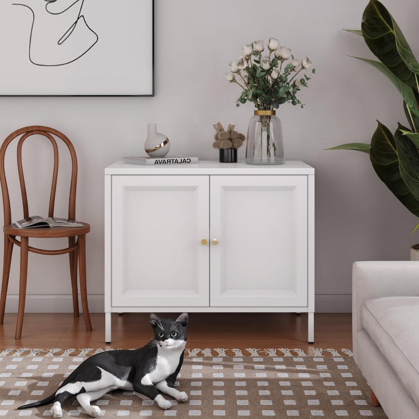 Cat Litter Box Enclosure – Metal Pet House with Barn Door & End Table