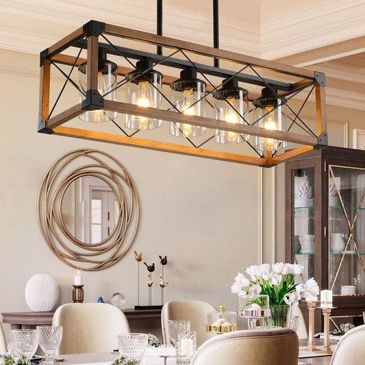 Walnut Industrial Farmhouse 5-Light Rectangle Pendant Chandelier