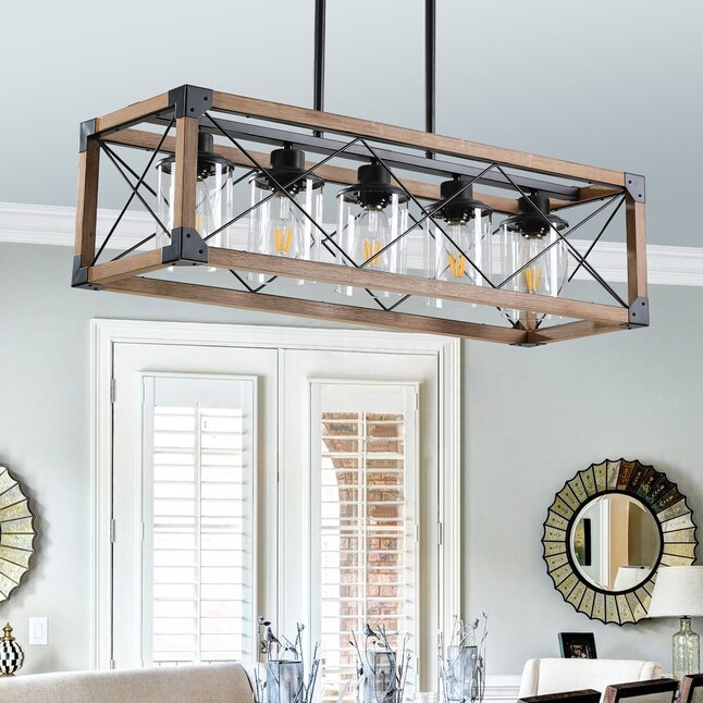 Walnut Industrial Farmhouse 5-Light Rectangle Pendant Chandelier