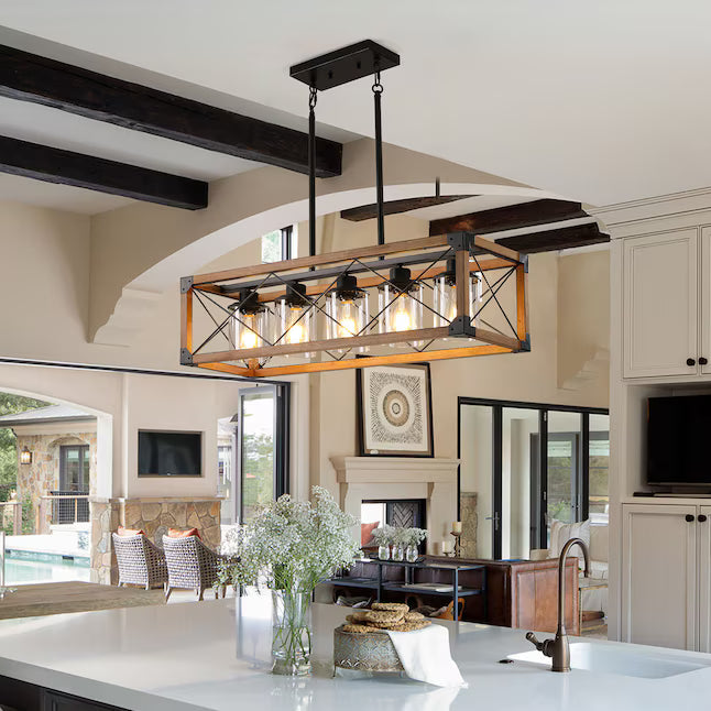 Walnut Industrial Farmhouse 5-Light Rectangle Pendant Chandelier