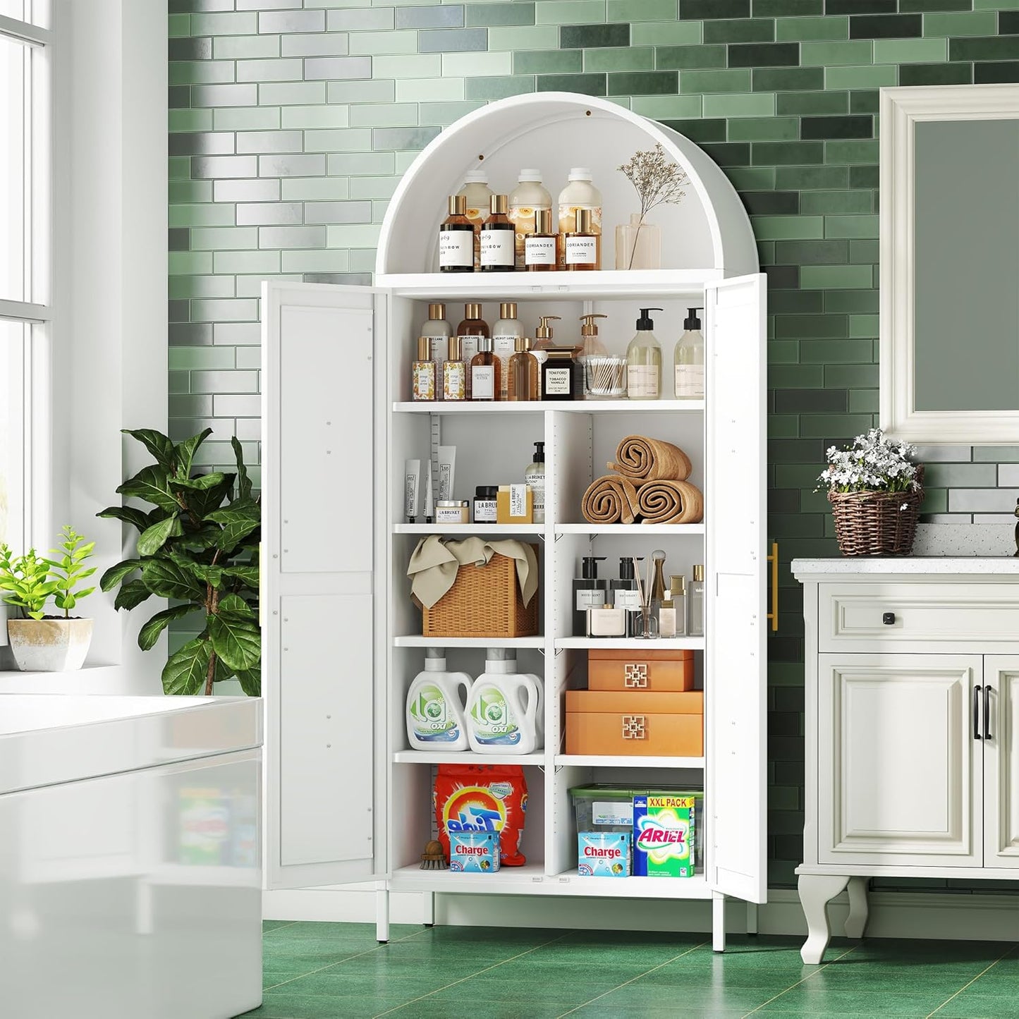 Tall Arched Kitchen Pantry – White Freestanding Storage Cabinet