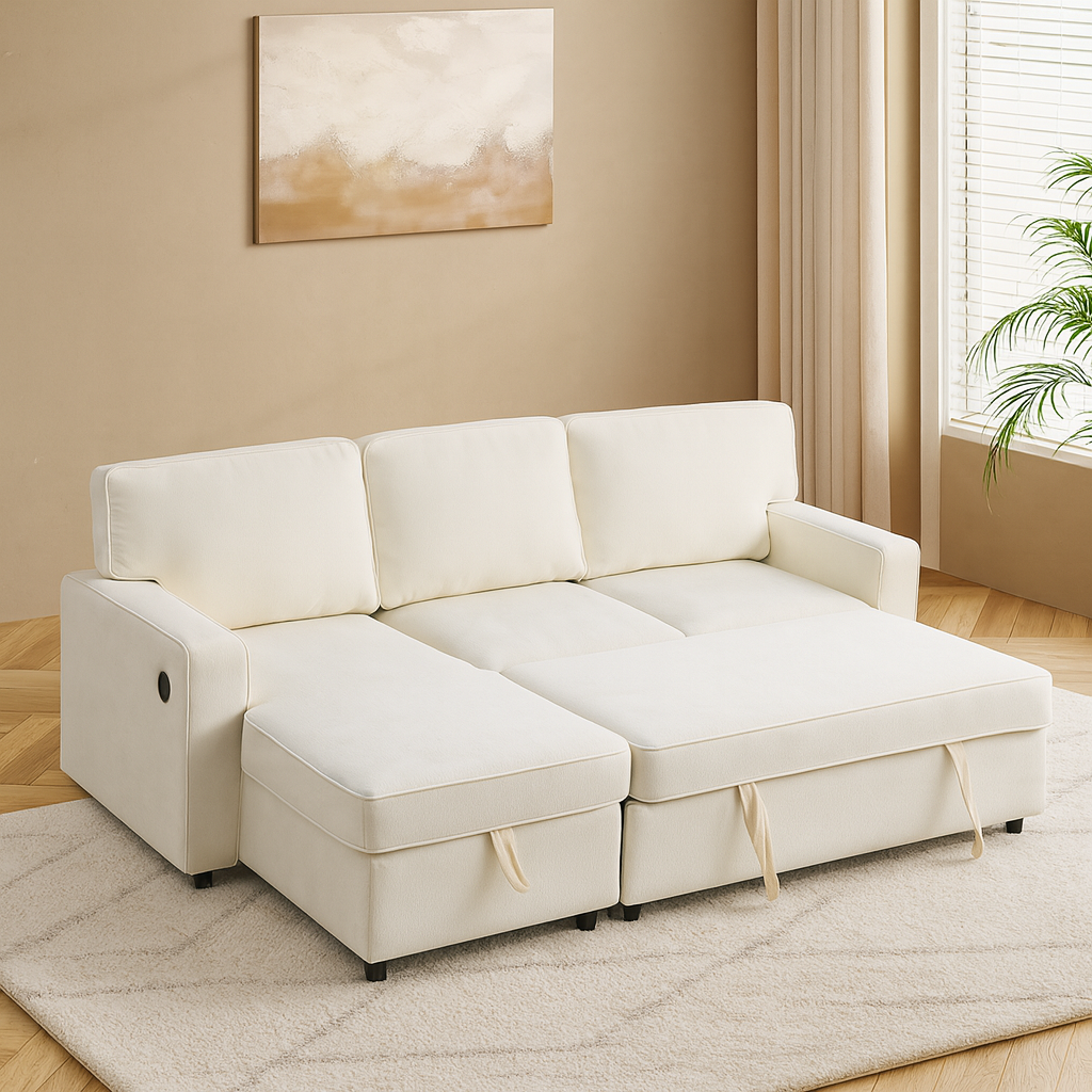 Beige Sleeper Sectional Sofa with Storage & USB Port