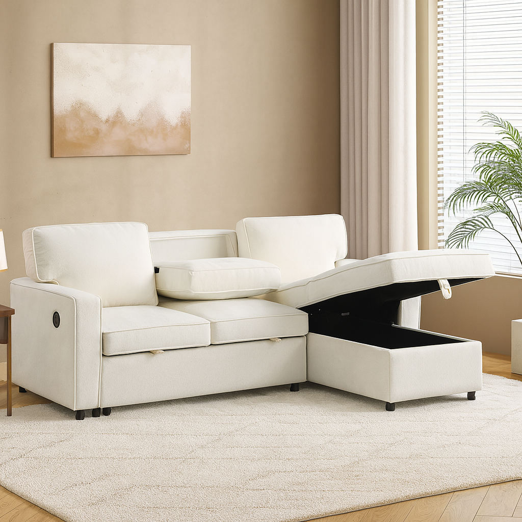 Beige Sleeper Sectional Sofa with Storage & USB Port