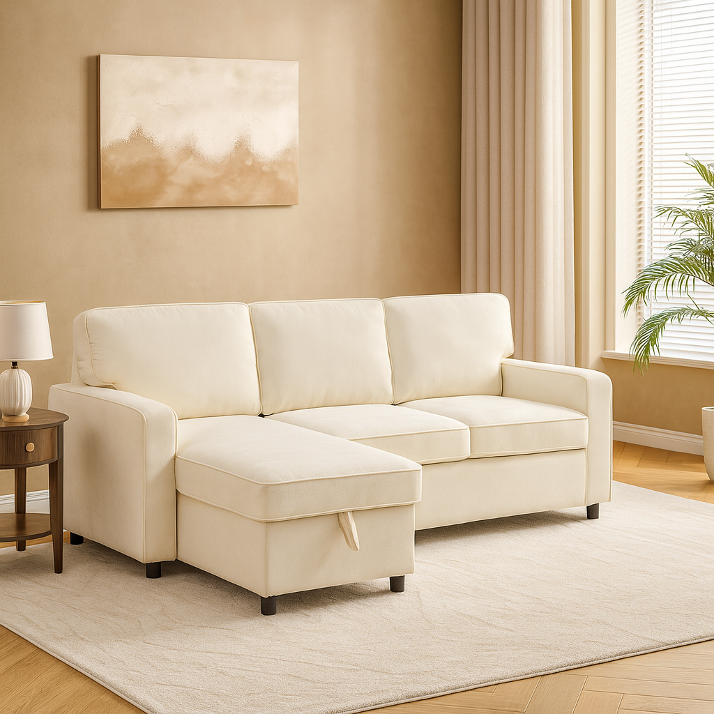 Beige Sleeper Sectional Sofa with Storage & USB Port