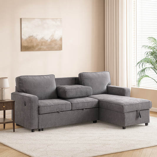 Grey Sleeper Sectional Sofa with Storage & USB Port