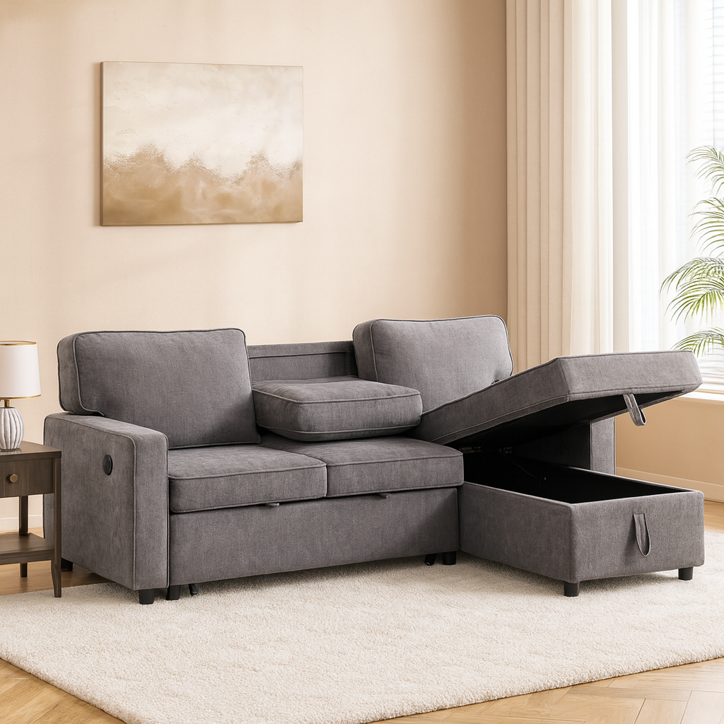 Grey Sleeper Sectional Sofa with Storage & USB Port