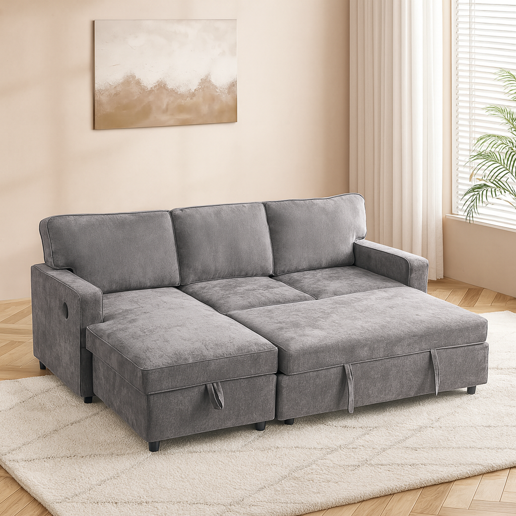 Grey Sleeper Sectional Sofa with Storage & USB Port