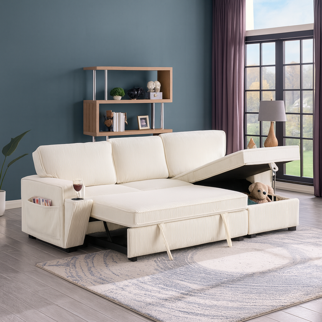 Beige Sleeper Sectional Sofa with Hidden Storage