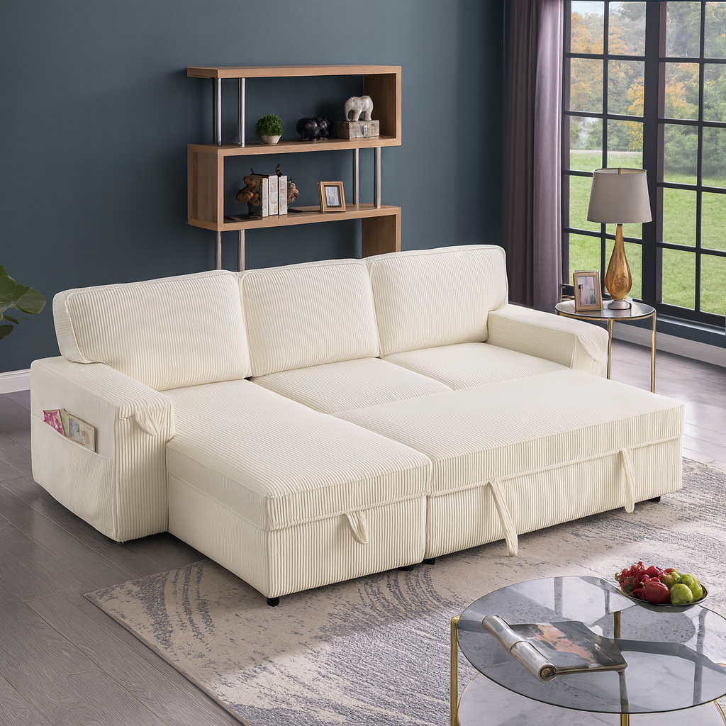 Beige Sleeper Sectional Sofa with Hidden Storage