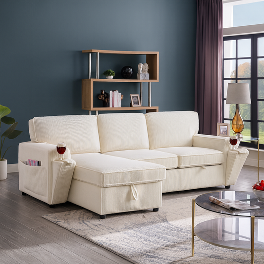 Beige Sleeper Sectional Sofa with Hidden Storage