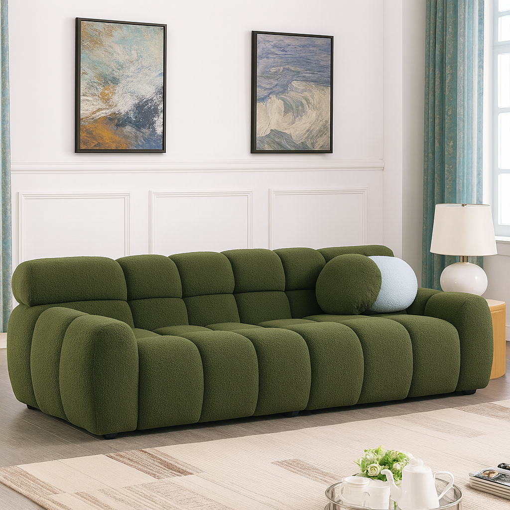 Olive Green Boucle Marshmallow 3-Seater Sofa