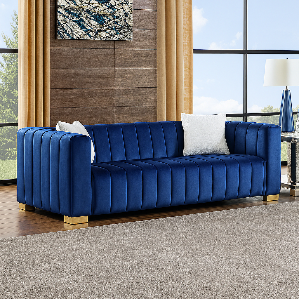 Modern Navy Blue Velvet Channel Sofa