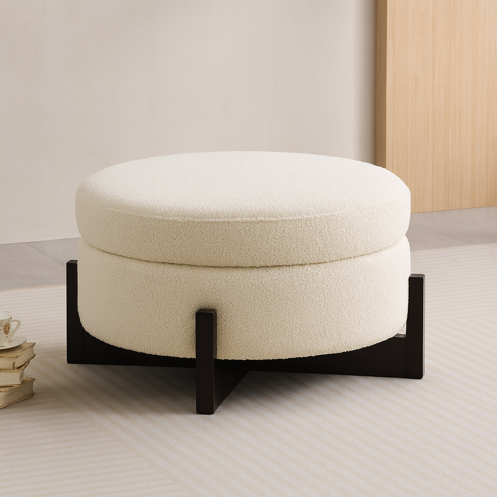 Round Beige Storage Ottoman