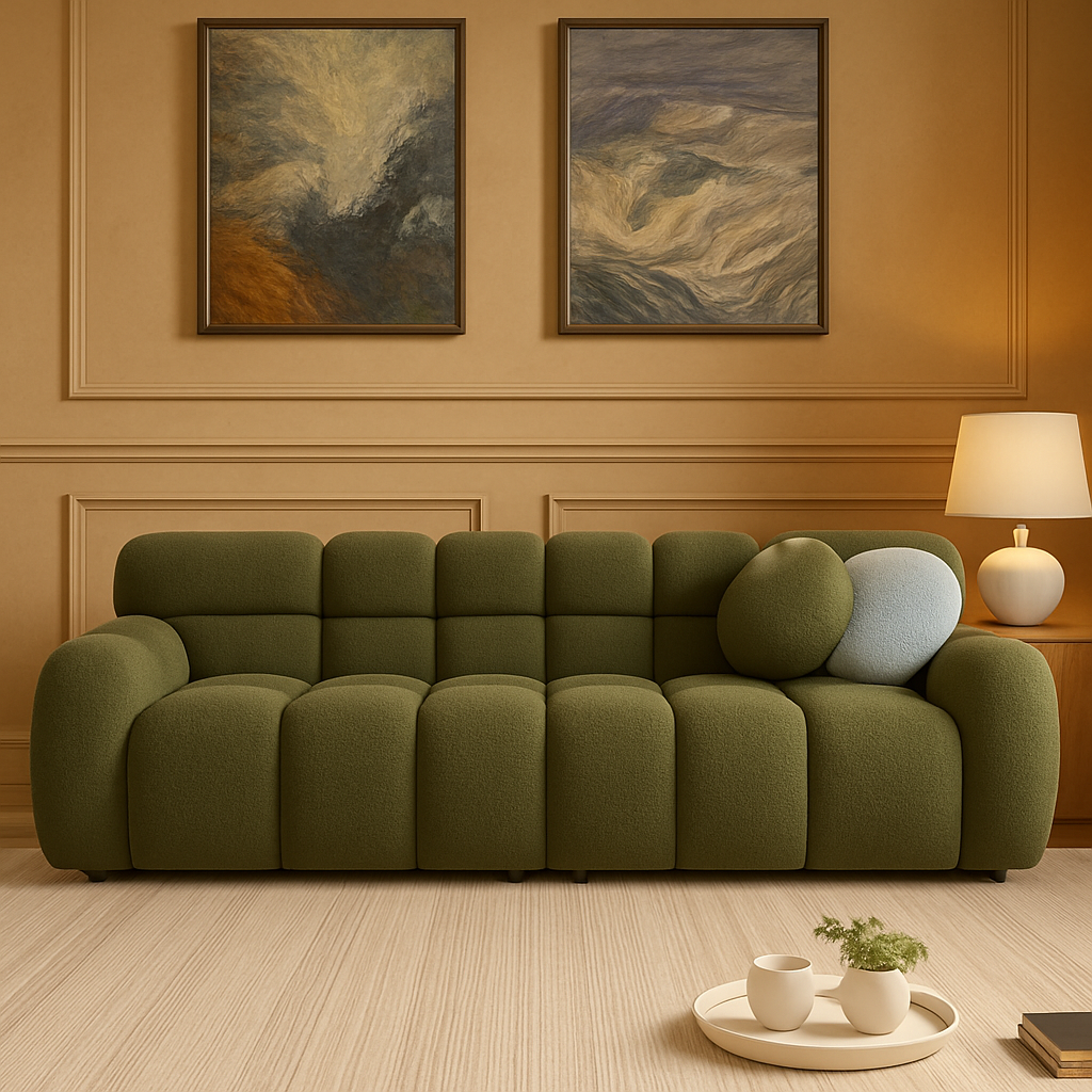 Olive Green Boucle Marshmallow 3-Seater Sofa