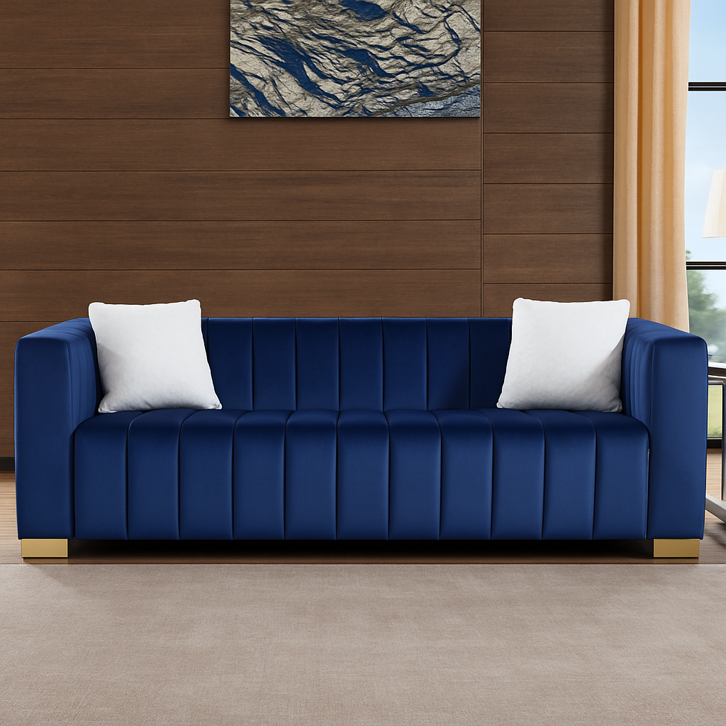 Modern Navy Blue Velvet Channel Sofa