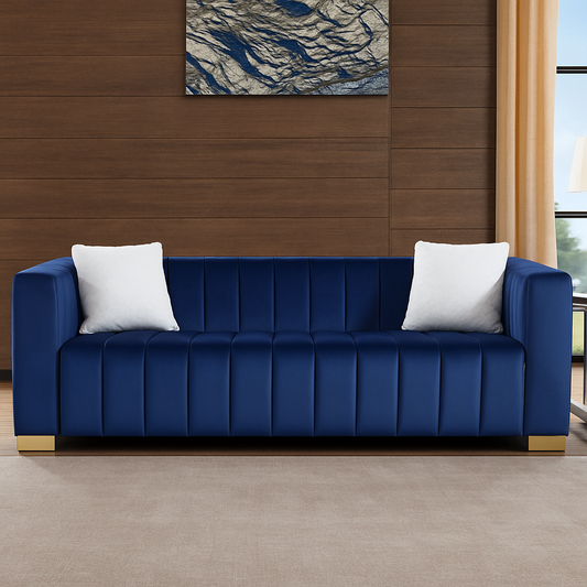 Modern Navy Blue Velvet Channel Sofa