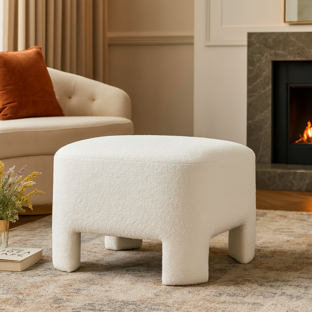 Modern White Chenille Ottoman